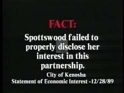 ["In Mark Neumann's 1996 campaign ad, Lydia Spotswood is targeted and cast in a negative light, accused of corruption and fiscal irresponsibility in Congress. The ad utilizes critical text and narration to emphasize her alleged misuse of taxpayer dollars, thereby attacking her candidacy and questioning her integrity."]