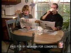 ["In his 1996 campaign ad, Republican Mark Neumann accuses his opponent, Spotswood, of unethical financial conduct. The ad portrays Spotswood's luxurious lifestyle, symbolized by a lakefront mansion, suggesting corruption and questioning her integrity. Neumann's ad aggressively promotes his own candidacy while casting significant doubts on Spotswood's ethical standards."]