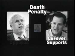 ["In a 1996 political TV ad, Republican candidate Tim Le Fever debates Vic Fazio on the death penalty. The ad features intense debate scenes underscoring stark ideological contrasts, with LaFever accusing Fazio of extremism for his opposition. The ad dramatizes their differing stances, emphasizing LaFevers strong support for the death penalty."]