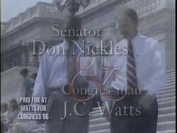 ["In the 1996 campaign ad for Julius Ceasar Watts, the Republican candidate is portrayed as a dedicated and trusted Oklahoma leader, passionately advocating for welfare reform, balanced budgets, and crime reduction in Congress. The ad emphasizes his commitment to upholding Oklahoma values and showcases his strong, confident public speaking skills."]