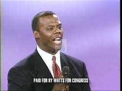["In the 1996 campaign ad, J.C. Watts, a Republican politician, delivers energetic and inspiring speeches across various scenes emphasizing the attainability of the American dream, particularly for youth. The ad features Watts addressing groups with eloquence and passion, set against patriotic backdrops, encouraging diverse American dreams and emphasizing national pride."]