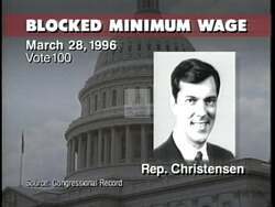 ["In the 1996 political TV ad for Democratic candidate Nan Anti-Jon Christensen, scenes portray widespread public disapproval towards Congressman Jon Christensen's opposition to raising the minimum wage. Protests feature angry, diverse crowds and personal testimonials discuss the harsh impacts of his decision on working-class families, illustrating their financial challenges and struggles."]