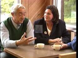 ["In a touching political ad for her 1996 presidential campaign, Republican candidate Jane Maria Swift is endorsed by her grandmother. Amidst cozy settings, the elderly woman praises Swift's unwavering dedication and commitment to senior citizens' welfare, highlighting her advocacy for their rights and improved living conditions."]