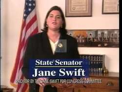 ["In the 1996 campaign ad, Republican Jane Maria Swift passionately advocates for her independent and voter-centric platform. Using a series of scenes where she addresses the camera confidently, Swift dismissively rebuts her opponents claims, emphasizing her commitment to independent thinking and voter concerns. The ad underscores her dedication with patriotic themes and consistent campaign slogans."]