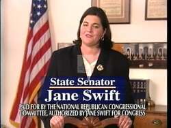 ["In her 1996 campaign ad, Republican candidate Jane Maria Swift highlights her commitment to independent decision-making and dedication to voter interests. Throughout the ad, Swift presents herself as assertive and focused, challenging both her opponents' accusations and traditional party lines, particularly on issues affecting retirees, to align closely with constituent needs."]