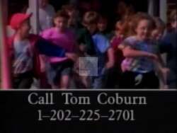 ["In a 1996 political TV ad, a family appears distressed about future college costs while watching negative ads about Tom Coburn's education and tax policies. Scenes show worried parents discussing Coburn���������s detrimental votes against college loans and education funding, emphasizing the struggles of managing tight family budgets and prioritizing education."]