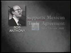 ["In a 1992 campaign ad, Democratic candidate Glenn English targeted opponent Bob Anthony's support for a controversial Mexican trade deal, arguing it endangered Oklahoma jobs. The ad depicted Anthony, variously at podiums and factory backgrounds, defending the deal, intercut with criticism highlighting potential and past job losses attributed to his policies."]