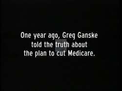 ["In a 1996 political ad, Democratic candidate Connie McBurney criticizes opponent Greg Ganske for his inconsistency on Medicare cuts. The ad portrays Ganske as deeply conflicted, showing scenes of him appearing troubled and contemplative as he capitulates to political pressure from Newt Gingrich, ultimately supporting cuts he previously opposed."]
