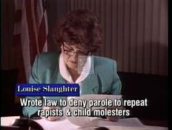 ["In her 1996 campaign ad, Democratic presidential candidate Louise McIntosh Slaughter is depicted as a dedicated and assertive advocate, fervently fighting for critical issues such as women's health, justice, and community safety. The ad showcases her legislative achievements in Congress, emphasizing her leadership in securing stringent laws and funding aimed at improving public safety, supporting economic growth, and enhancing healthcare research."]