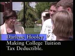 ["The 1996 political ad targeting Darlene Hooley's opponent Jim Bunn intensively critiques his legislative choices, particularly his votes alongside Newt Gingrich to enact Medicare cuts, depicted through scenes of Bunn's aggressive debating and angry expressions. The ad contrasts these negatives against Hooley's defending and supportive stance on social benefits, painting her in a protective and favorable light."]