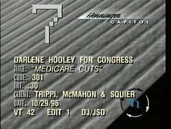 ["The 1996 political TV ad for Democratic Party candidate Darlene Hooley targets her opponent Jim Bunn by highlighting his alleged support for harsh Medicare cuts aligned with Newt Gingrich, portraying him as aggressive and unsympathetic. In contrast, Hooley is depicted positively, emphasizing her compassionate stance and support for community-focused policies."]