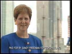 ["Sandy Freedman's 1996 presidential campaign ad highlights her tenure as Tampa's impactful mayor, showcasing her vigorous community improvement initiatives and strong leadership. Addressing enthusiastic crowds and speaking confidently from the podium, she emphasizes her commitment to effective local governance, backed by visual reminders of her achievements and the support of her constituents."]