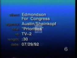 ["In his 1992 congressional campaign ad, Drew Edmondson, a Democrat, emphasized job retention and creation as his main priorities. The ad featured various scenes of him discussing the importance of supporting local businesses and retraining workers to strengthen Oklahoma's economy, all while addressing the camera and speaking confidently at a podium."]