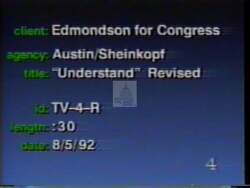 ["The 1992 political TV ad for Democratic candidate William Andrew (Drew) Edmondson combines emotional appeals and rural imagery. The ad features a middle-aged man in a rural setting expressing serious disappointment and feeling betrayed by a politician, reflecting a deeply personal narrative of voter disillusionment and a shift in political allegiance."]