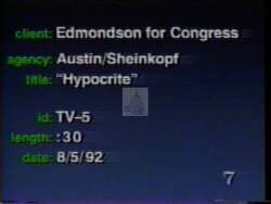["The 1992 political TV ad for Democratic candidate William Andrew (Drew) Edmondson primarily focuses on criticizing Congressman Mike Synar for hypocrisy. Multiple scenes display accusations of Synar's inconsistencies and broken promises while promoting Edmondson as a preferable and more trustworthy alternative for voters. The ad emphasizes political integrity and accountability."]