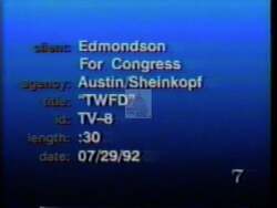 ["The 1992 campaign ad for William Andrew (Drew) Edmondson criticizes his opponent, Congressman Mike Siner, for excessive political mailings, framing them as wasteful spending. The ad features disappointed voters handling stacks of unwanted mail, contrasting these visuals with Edmondson speaking on change and accountability, appealing to frustrated constituents for support."]