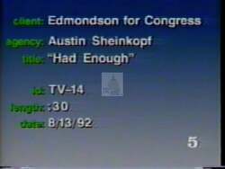 ["In the 1992 TV ad for Drew Edmondson's presidential campaign, various voters express frustration over his opponent, Mike Siner's excessive spending and broken promises, highlighting issues like fiscal waste and lack of support for small businesses. The ad showcases displeased voters holding political flyers and mail, critical of Siner's mismanagement."]