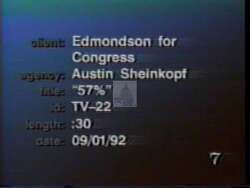 ["In the 1992 political TV ad for William Andrew (Drew) Edmondson, scenes switch between debate stages and Edmondson promoting his economic plan. He presents as a confident, middle-aged male appealing to voters from podiums and directly to the camera, emphasizing change and seeking support for the runoff election, underlining the urgency of economic reform in Oklahoma."]