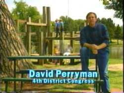 ["In the 1994 political TV ad for Democratic candidate David Perryman, he's depicted in various educational and community settings, emphasizing his commitment to safety, education, and community improvements. Perryman is shown speaking confidently and earnestly to the camera, promoting key campaign themes of dedication, community values, and educational enhancements, surrounded by diverse, attentive groups and campaign imagery."]