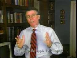 ["In the 1994 ad for Ed Apple's congressional campaign, he consistently presents himself as a confident, experienced candidate. Throughout various scenes, Apple, dressed in a formal suit, addresses the camera directly from different settings including a podium and an office, backed by campaign posters and American flags. He emphasizes his diverse qualifications and reliability, appealing earnestly to voters for their support in the race for Congress."]