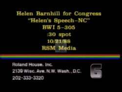 ["The 1988 political TV ad features Helen Iphegenia Barnhill campaigning passionately for the Congressional seat in Wisconsin's 5th district. Throughout the ad, Barnhill is seen addressing enthusiastic supporters at various rallies, pledging committed and dedicated representation to improve local issues. The scenes are interspersed with shots of applauding crowds and campaign banners."]