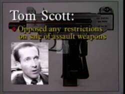 ["In her 1990 presidential campaign ad, Democratic candidate Rosa L. DeLauro advocates for an assault weapon ban, frequently supported by police chiefs. The ad contrasts her stance with opponent Tom Scott, who opposes such restrictions. Scenes include DeLauro at a podium, backed by applauding police officers, and Scott holding an assault rifle."]