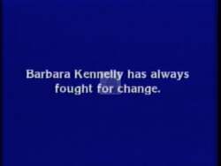 ["In her 1990 campaign ad, Democratic presidential candidate Barbara Bailey Kennelly is depicted delivering a series of passionate speeches at various rallies. She vividly advocates for change and expresses a deep commitment to public service. The ad highlights her leadership qualities, showing her addressing large, supportive crowds and standing alone on a cliff, symbolizing her resilience and determination to overcome challenges. The imagery reinforces her readiness to lead and inspire community and political action."]