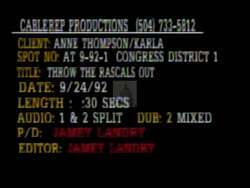 ["In her 1992 campaign ad, Republican candidate Anne Thompson energetically addresses a passionate crowd at a rally, underlining her commitment to change. Throughout the ad, scenes at the podium and enthusiastic crowd reactions amplify her message, highlighted by waving banners and consistent themes of renewal and strong leadership."]