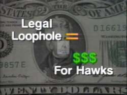 ["The political TV ad from Jill Long's 1990 presidential campaign focuses on her opponent, Rick Hawks. Through a series of scenes, it portrays Hawks as smirking and exploiting campaign finance loopholes for personal gain, juxtaposing his confident public appearances with text overlays that highlight his unethical manipulation of fundraising laws."]