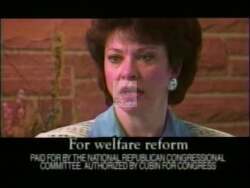 ["In her 1996 political ad, Republican Barbara L. Cubin presents herself as a model of confident and reliable leadership, contrasting her consistent voting record with the inconsistencies of her opponent, Pete Maxfield. Throughout the ad, scenes of Cubin speaking confidently at various rallies and highlighting her commitment to her policies and her reliable attendance reinforce her campaign message. The ad uses visuals of American flags and supportive crowds to emphasize her patriotism and broad support."]