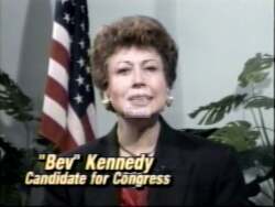 ["In the 1994 political TV ad, Beverly Kennedy confidently promotes her presidential campaign, focusing extensively on advocating for lower taxes, improved government efficiency, and better public safety and education. She repeatedly criticizes her opponent Peter Deutsch and the current administration's inefficiencies, positioning herself as a change-driven candidate ready to reform government policies."]
