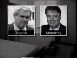 ["In a critical 1996 political ad, Democratic Party candidate Nan Anti-Mike Mahaffey depicted opponent Mike Mahaffey as a staunch supporter of Newt Gingrich's extreme plans, including harmful cuts to Medicare and pension raids. The ad consistently presented Mahaffey aligning with policies favoring the wealthy at the expense of seniors, showcasing scenes of Mahaffey with Gingrich and worried elderly couples, underlining the risks to healthcare and financial security."]