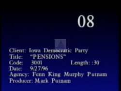 ["The 1996 political TV ad for the Democratic Party features repeated scenes of elderly couples engulfed in anxiety as they review their financial documents. The visuals emphasize their worry about the security of their pensions, attributing this concern to political decisions likely linked to candidate Greg Ganske and Newt Gingrich. The ad creates a somber mood projecting pension fund insecurity."]