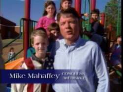 ["The 1996 political TV ad for Republican Mike Mahaffey centers on his commitment to public service and family values, consistently featuring him in settings that evoke trust and approachability. Displaying a patriotic backdrop in many scenes, the ad shows Mahaffey engaging with families, delivering speeches, and highlighting his dedication to children's futures, aiming to project sincerity, confidence, and determination to voters."]