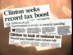["The 1996 Republican campaign ad featured a middle-aged voter concerned about government spending as depicted on TV. The narrator criticized Democratic control, suggesting negative consequences for political governance, supported by corresponding visual cues and text to emphasize the message and sway public opinion against Democratic policies."]