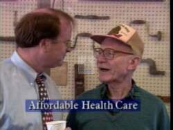 ["In a 1996 campaign ad, elderly men express profound gratitude toward Congressman Sam Farr for his efforts in protecting Medicare and ensuring affordable healthcare for seniors. The scenes display heartfelt testimonials from these men, discussing Farr's impact on their lives and the importance of Medicare in ensuring their health and wellbeing."]