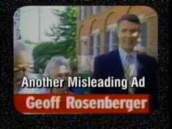 ["The 1996 political TV ad for Louise McIntosh Slaughter features multiple scenes where her opponent, Jeffrey Rosenberger, is depicted negatively, making misleading claims about policies. The ad contrasts this by highlighting Slaughter's positive record and advocacy for common welfare and education, promoting her as a beneficial alternative with supportive policies."]