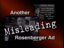 ["In the 1996 presidential campaign ad for Democratic candidate Louise McIntosh Slaughter, Jeffrey Rosenberger is consistently portrayed in a negative light. Through various scenes, the ad criticizes Rosenberger's policies, accusing him of misleading campaigns and making harmful claims about his opponent. The overall tone is very critical and aims to discredit Rosenberger politically."]