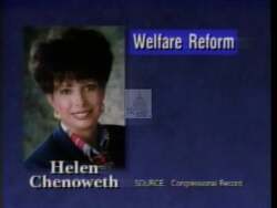 ["In her 1996 political TV ad, Republican Helen Chenoweth highlights her legislative achievements and conservative principles. Stressing her commitment to sensible policies, Chenoweth contrasts her approach with opponent Dan Williams' alleged favoritism towards extreme, liberal measures ill-suited for Idaho families. The ad includes visuals to emphasize differences, showcasing Chenoweths focus on economic and welfare reforms."]