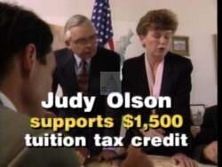 ["In her 1996 campaign ad, Democratic candidate Judy Olson critiqued opponent George Nethercutt's track record on education. The ad depicted Nethercutt's educational budget cuts against Olson's supportive policies. It featured statistics, heartfelt testimonials, and direct contrasts between Olson's engagement with students and Nethercutt's voting impacts, emphasizing Olson's advocacy for education and child-based programs."]