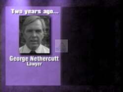 ["This 1996 political ad targets Congressman George Nethercutt, portraying him negatively based on his voting record. Various scenes show him appearing concerned or defensive in settings such as a town hall, press briefing, and a legislative environment. Text overlays highlight detrimental impacts of his votes on seniors, children, and families."]