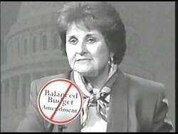 ["In the 1996 Republican campaign ad against Democrat Louise Slaughter, various scenes portray her as fiscally irresponsible. The ad criticizes her votes for scholarships for felons, funding for unnecessary jobs like elevator operators, and her acceptance of a pay raise, suggesting these actions raise taxes and prioritize criminals and personal gain over taxpayers."]