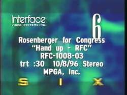 ["In his 1996 campaign ad, Republican candidate Geoff H. Rosenberger challenges Democrat Louise Slaughter's stance on welfare. Presenting himself sternly, Rosenberger advocates for mandatory work requirements to receive welfare benefits, emphasizing a message of reform under the slogan \"Time for Change, Work for Welfare.\""]