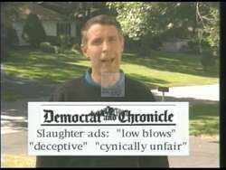 ["In a 1996 TV ad, Republican Geoff H. Rosenberger confidently addresses the camera, refuting opponent Louise Slaughter's negative campaign tactics. He criticizes her misleading ads, and promotes his platform centered on practical policies like work for welfare, stricter criminal laws, and cleaning up Congress, appealing for voter support with a focus on common-sense governance."]
