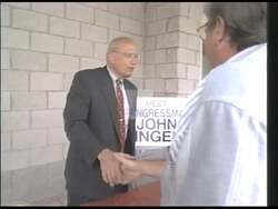 ["The 1996 presidential campaign ad for Democratic candidate John David Dingell showcases him in various informal settings, interacting closely and attentively with constituents. Throughout the ad, Dingell is depicted in modest, non-traditional office environments, emphasizing his approachable and dedicated leadership style, as he actively listens and engages with community members."]