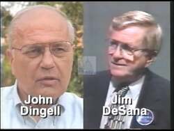 ["In a 1996 political ad, Democratic candidate John David Dingell is portrayed positively, advocating strongly for education funding, in contrast to his opponent, Jim DeSena, who is depicted as supporting extreme educational cuts. The ad highlights Dingell's endorsements and his interactions with educators and families, emphasizing his commitment to educational initiatives and policies."]