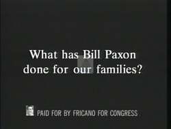 ["The 1996 political TV ad for Democratic candidate Tom Fricano focused on criticizing his opponent, Bill Paxson. It featured a mix of concerned citizens and politicians speaking at town halls and directly to the camera about the negative consequences of Paxson's policies on middle-class families and lower-income groups, with visuals emphasizing financial distress. The ad clearly aimed to portray Paxson as harmful to everyday Americans."]