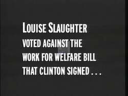 ["Geoff H. Rosenberger's 1996 Republican presidential campaign ad heavily criticizes Democrat Louise Slaughter's liberal policies, particularly her voting record on welfare and budget issues. The ad features multiple scenes of a man in a suit at a podium, fiercely advocating for policy change and emphasizing the need for work requirements in welfare policy."]
