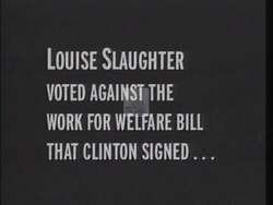 ["The 1996 Republican campaign ad targeting Geoff H. Rosenberger critiques Democrat Louise Slaughter for being overly liberal, especially opposing welfare work requirements. Various scenes display a male politician and other critics condemning Slaughters voting record at podiums, emphasizing the need for policy change and criticizing her decisions on welfare and budget."]