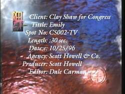 ["In the 1996 political TV ad for Republican candidate Eugene Clay Shaw, Emily Shaw fervently endorses her husband, underscoring his commitment to community welfare, family values, and fiscal responsibility. Scenes of Shaw interacting warmly with his family and addressing community issues emphasize his legislative achievements and dedication to welfare reform."]